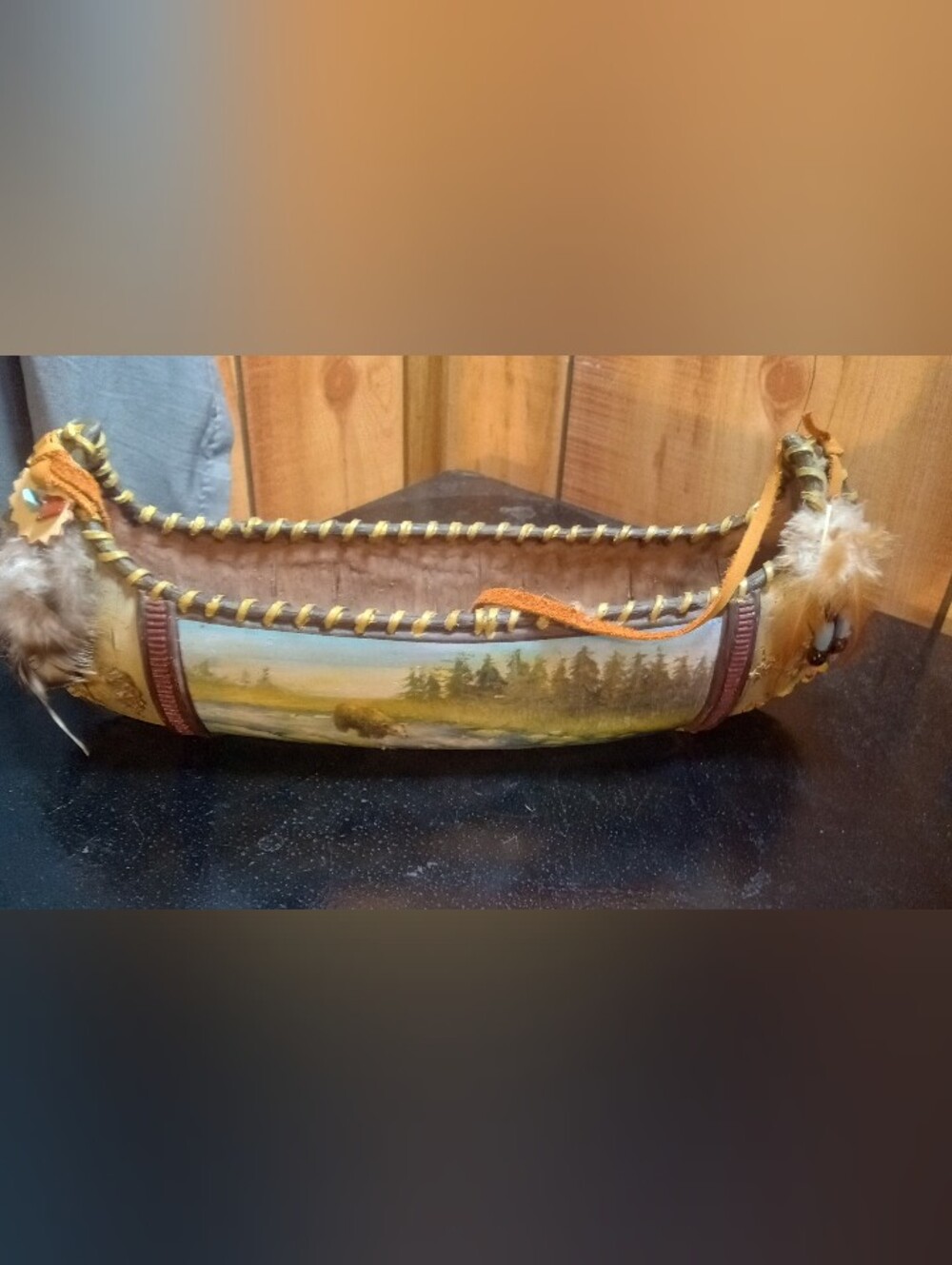 American Indian Miniature Birch Bark Style Canoe with Scenic Painting